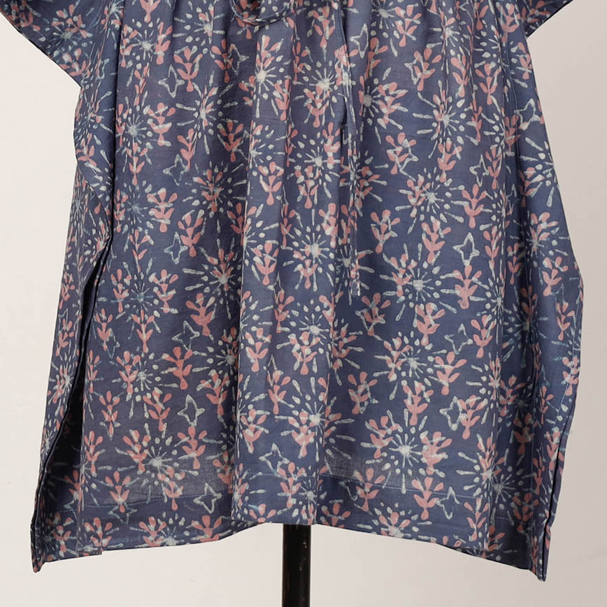 Blue - Akola Block Printed Cotton Kaftan with Tie-Up Waist (Medium)