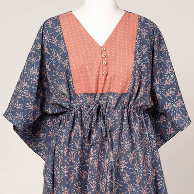 Blue - Akola Block Printed Cotton Kaftan with Tie-Up Waist (Medium)