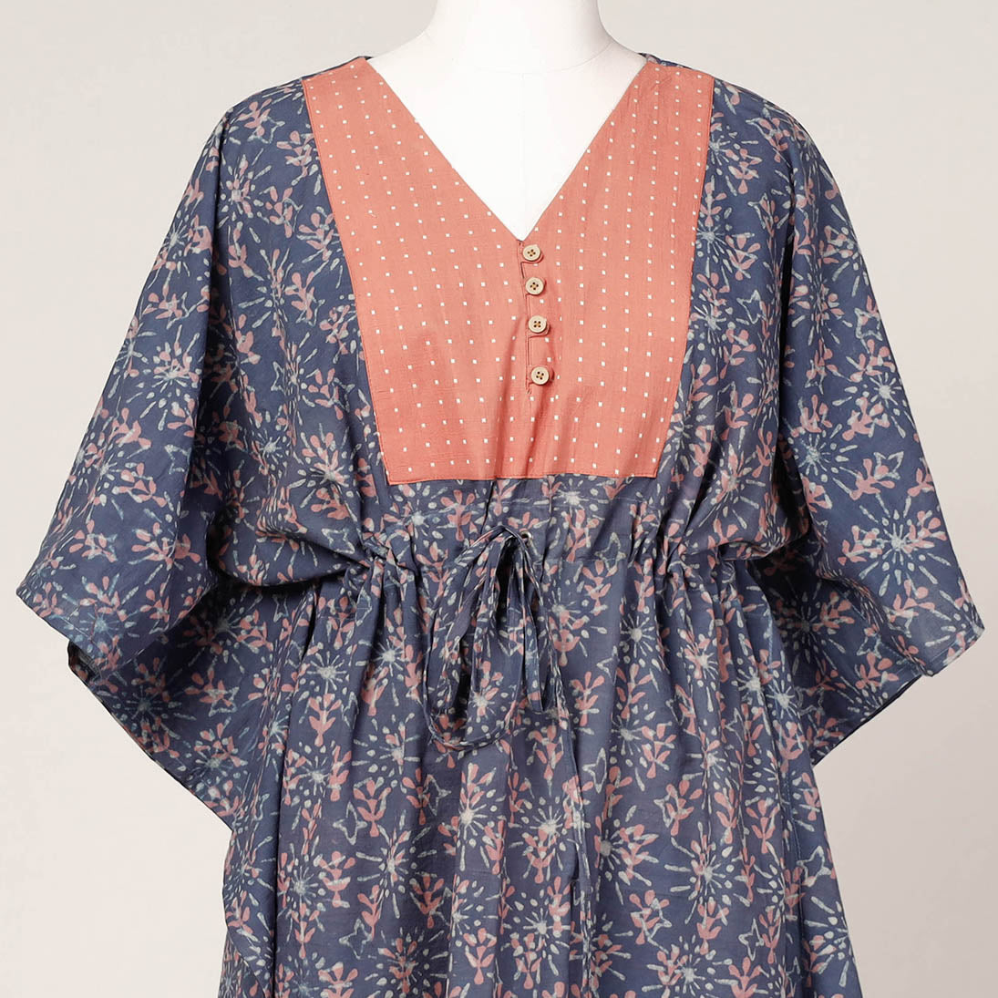 Blue - Akola Block Printed Cotton Kaftan with Tie-Up Waist (Medium)