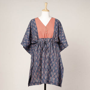 Blue - Akola Block Printed Cotton Kaftan with Tie-Up Waist (Medium)