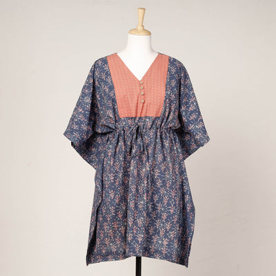 Blue - Akola Block Printed Cotton Kaftan with Tie-Up Waist (Medium)