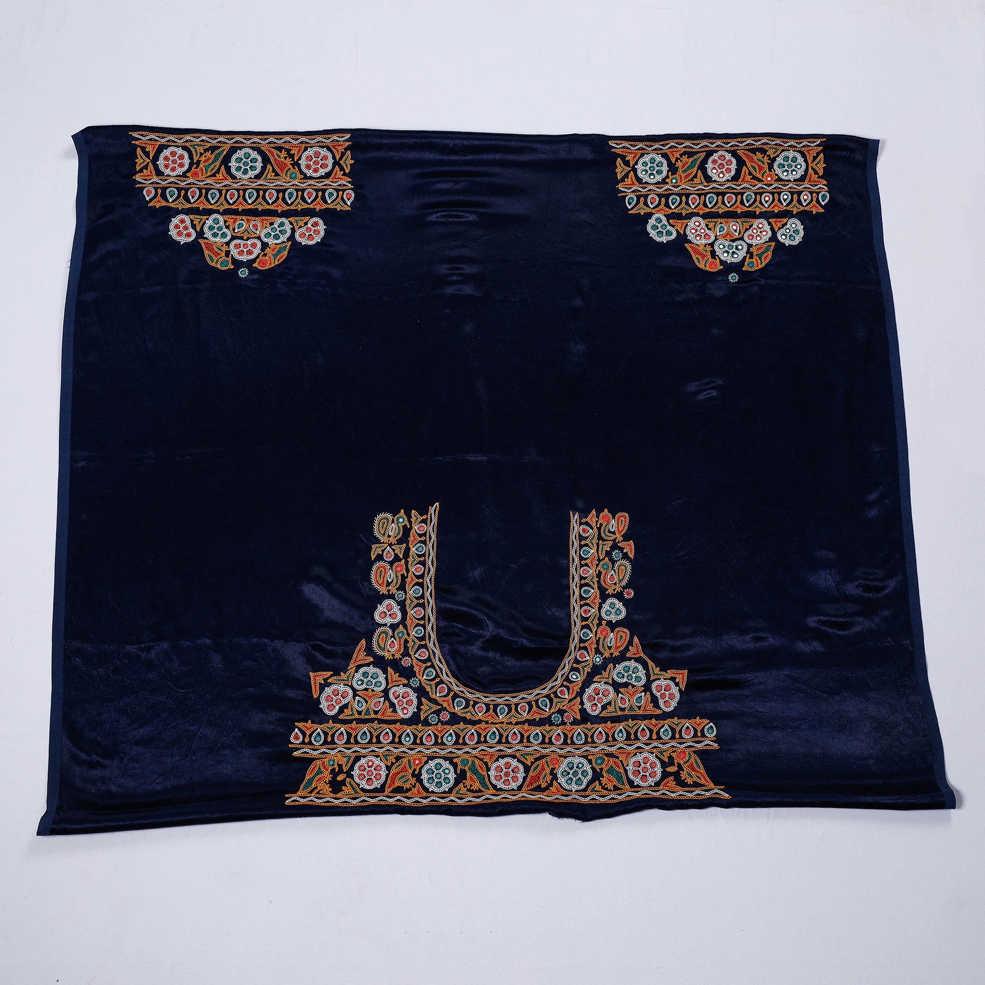 Blue - Ahir Hand Embroidery Kutch Mirror Work Mashru Silk Blouse Piece