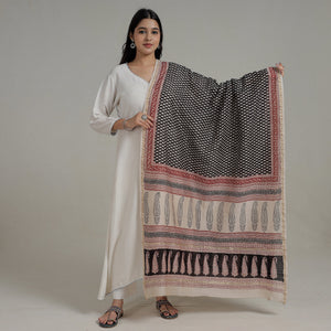 Black - Natural Dyed Hand Block Print Chanderi Silk Bagh Dupatta 04