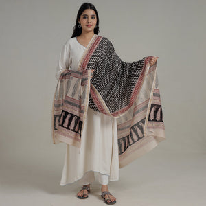 Black - Natural Dyed Hand Block Print Chanderi Silk Bagh Dupatta 04