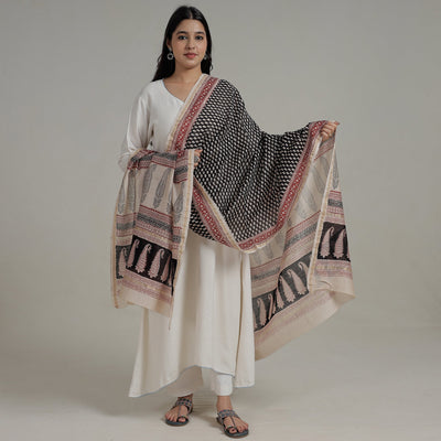 Black - Natural Dyed Hand Block Print Chanderi Silk Bagh Dupatta 04
