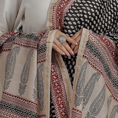 Black - Natural Dyed Hand Block Print Chanderi Silk Bagh Dupatta 04