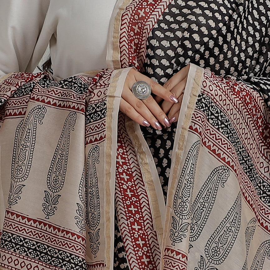 Black - Natural Dyed Hand Block Print Chanderi Silk Bagh Dupatta 04