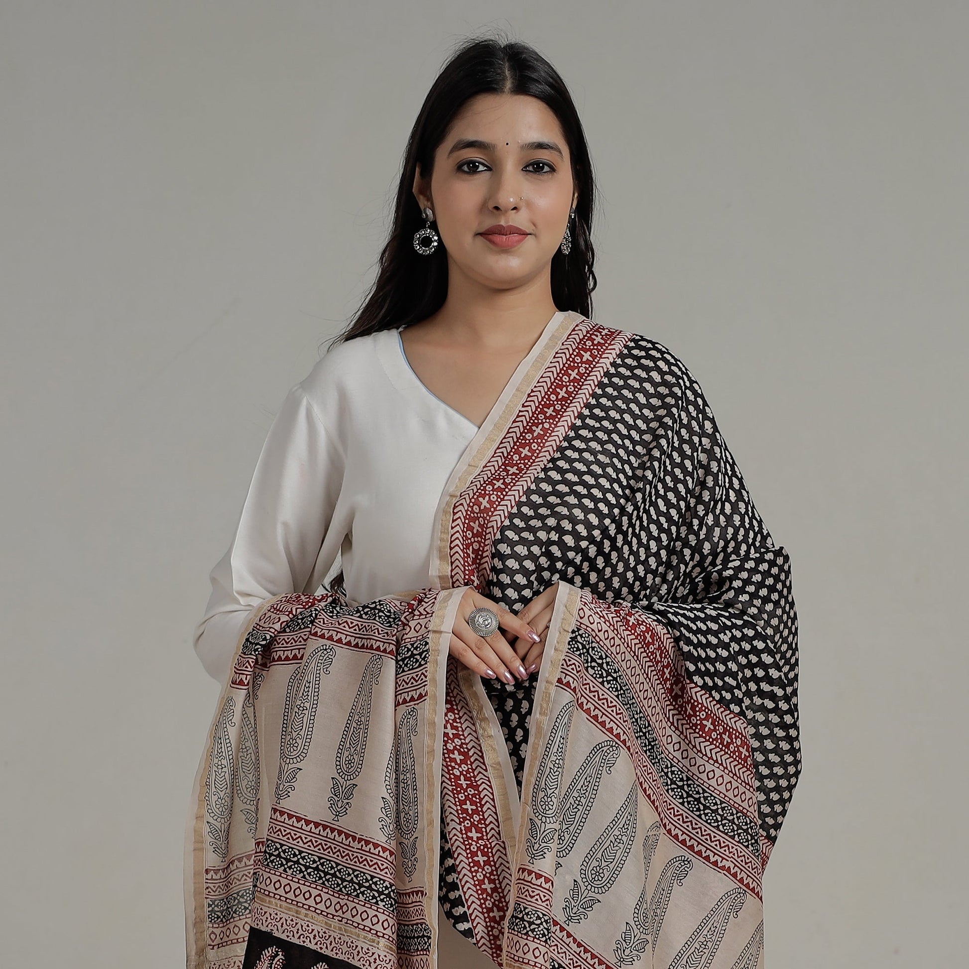 Black - Natural Dyed Hand Block Print Chanderi Silk Bagh Dupatta 04