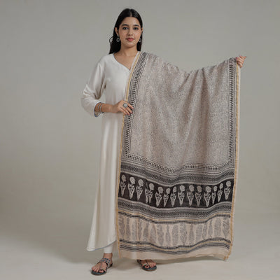 Beige - Natural Dyed Hand Block Print Chanderi Silk Bagh Dupatta 06