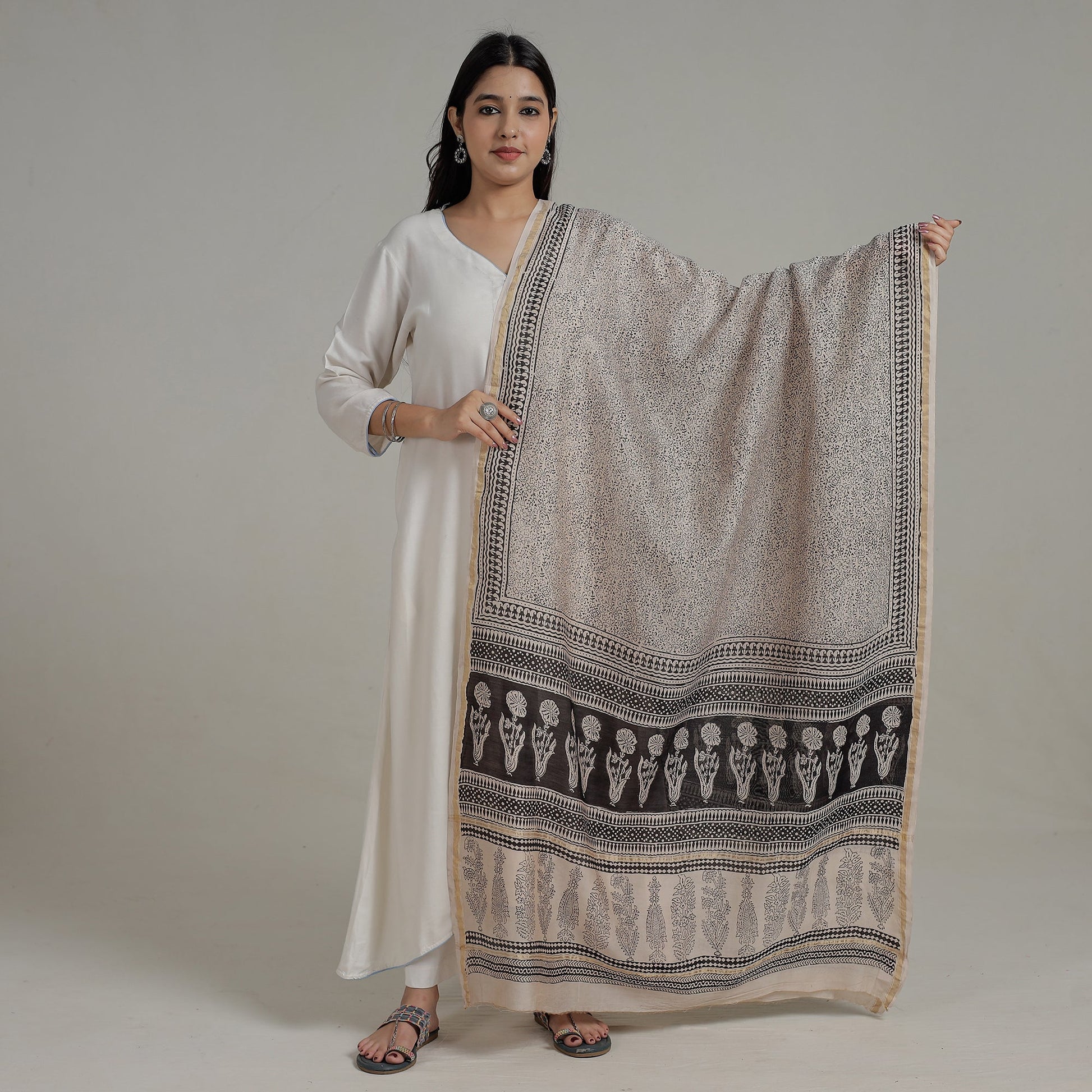 Beige - Natural Dyed Hand Block Print Chanderi Silk Bagh Dupatta 06