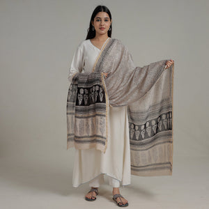 Beige - Natural Dyed Hand Block Print Chanderi Silk Bagh Dupatta 06