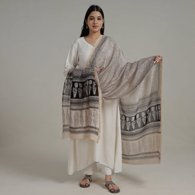 Beige - Natural Dyed Hand Block Print Chanderi Silk Bagh Dupatta 06
