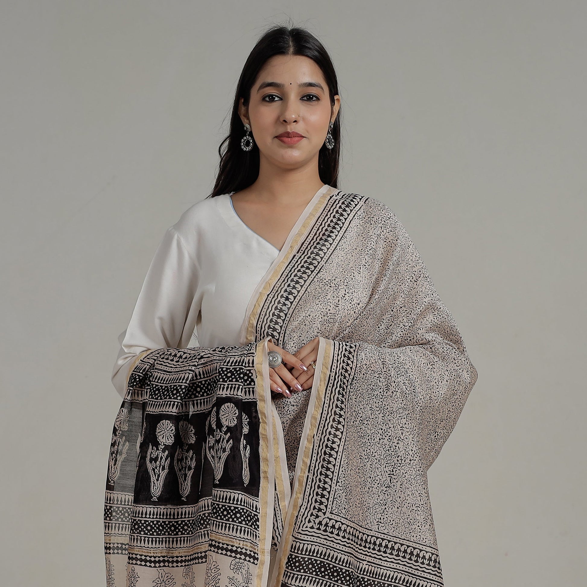 Beige - Natural Dyed Hand Block Print Chanderi Silk Bagh Dupatta 06
