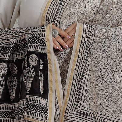 Beige - Natural Dyed Hand Block Print Chanderi Silk Bagh Dupatta 06