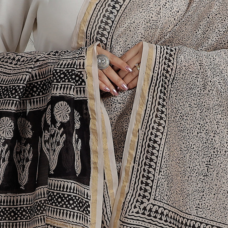 Beige - Natural Dyed Hand Block Print Chanderi Silk Bagh Dupatta 06