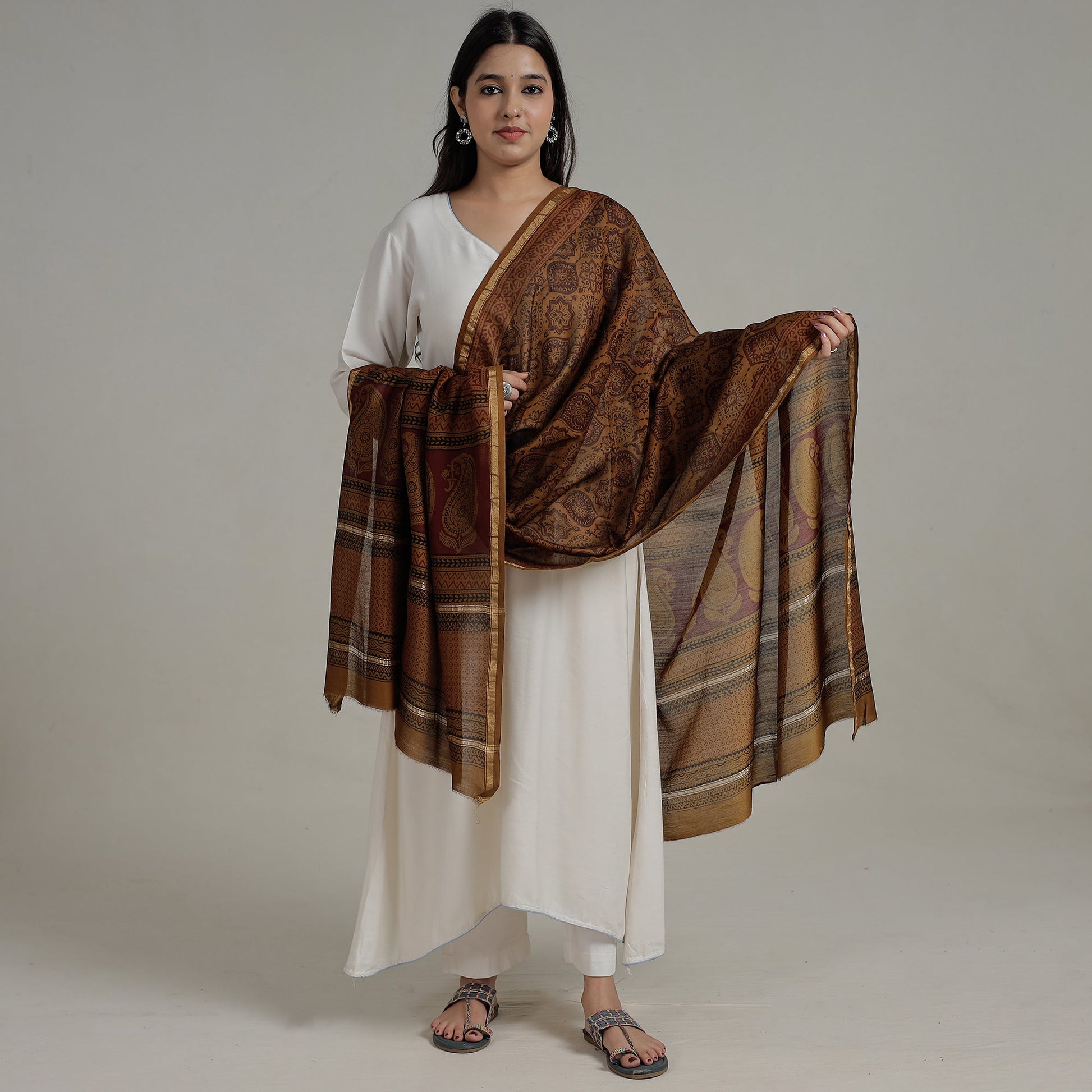Brown - Natural Dyed Hand Block Print Chanderi Silk Bagh Dupatta 11