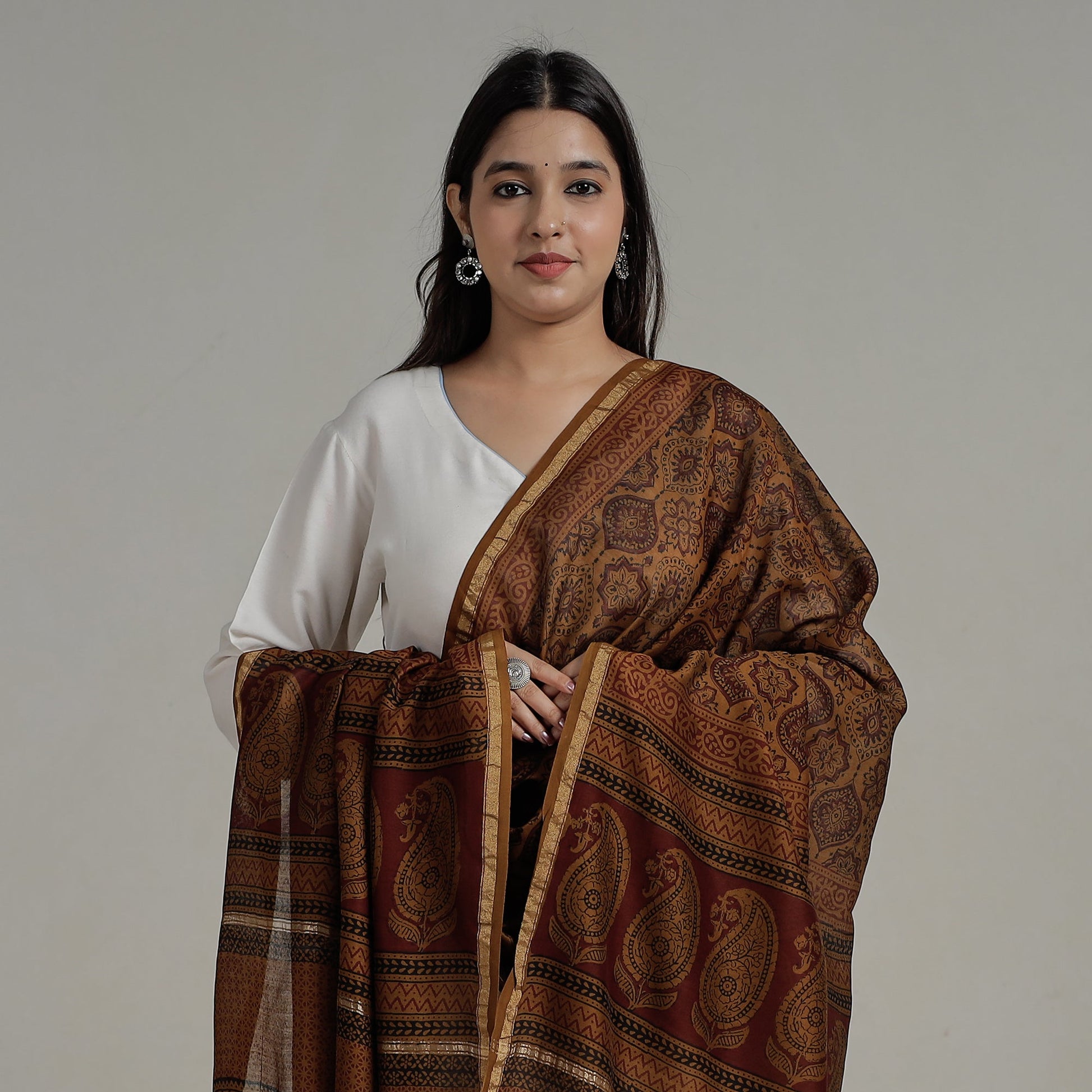 Brown - Natural Dyed Hand Block Print Chanderi Silk Bagh Dupatta 11