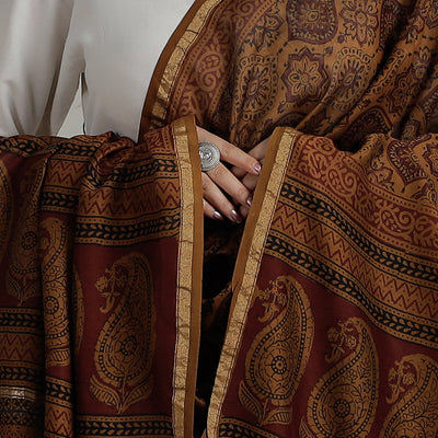 Brown - Natural Dyed Hand Block Print Chanderi Silk Bagh Dupatta 11