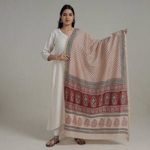 Beige - Natural Dyed Hand Block Print Chanderi Silk Bagh Dupatta 14