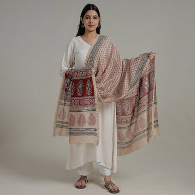 Beige - Natural Dyed Hand Block Print Chanderi Silk Bagh Dupatta 14