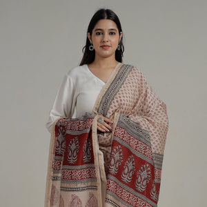 Beige - Natural Dyed Hand Block Print Chanderi Silk Bagh Dupatta 14