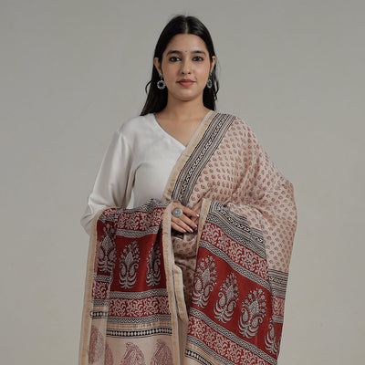 Beige - Natural Dyed Hand Block Print Chanderi Silk Bagh Dupatta 14