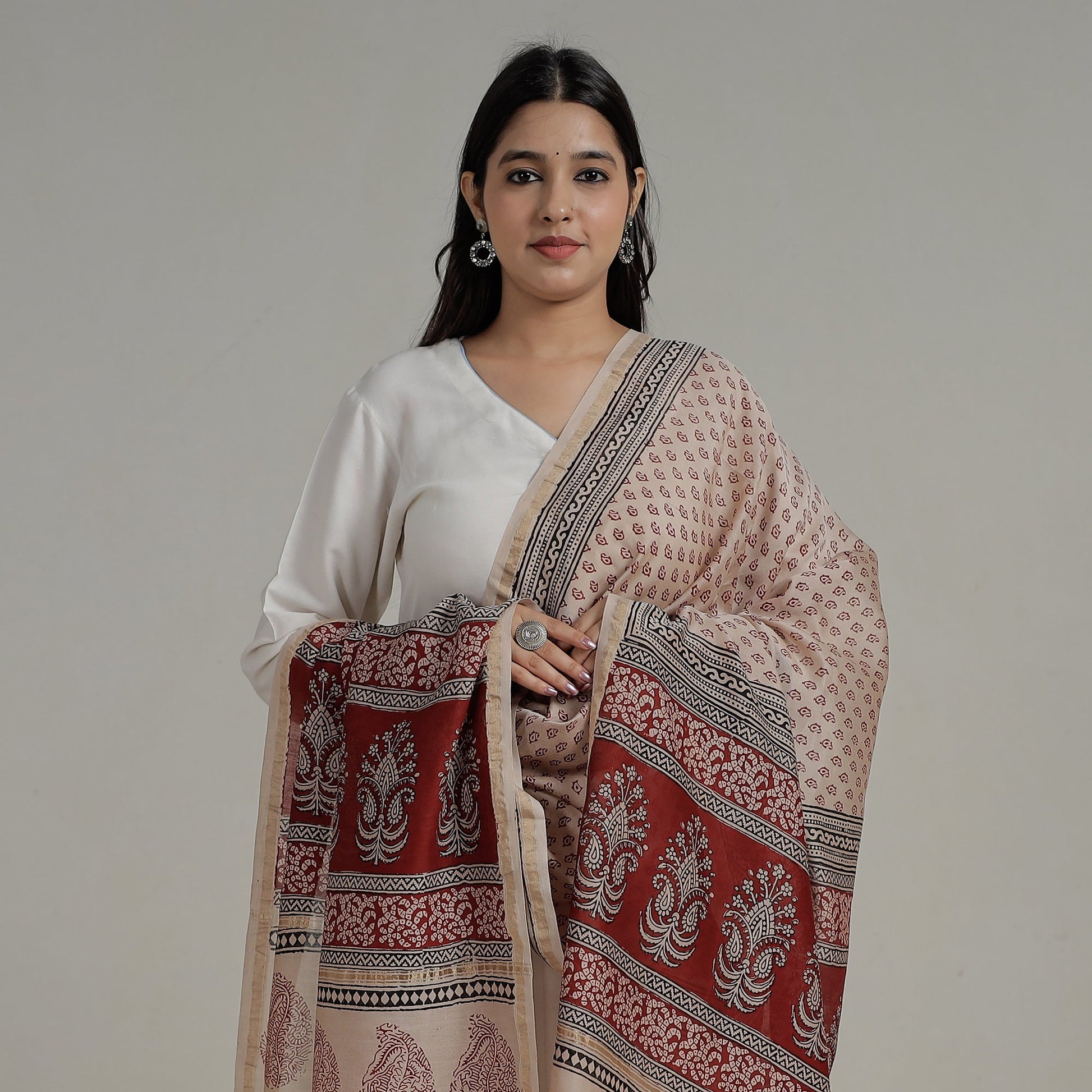 Beige - Natural Dyed Hand Block Print Chanderi Silk Bagh Dupatta 14