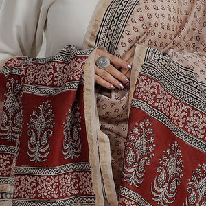 Beige - Natural Dyed Hand Block Print Chanderi Silk Bagh Dupatta 14