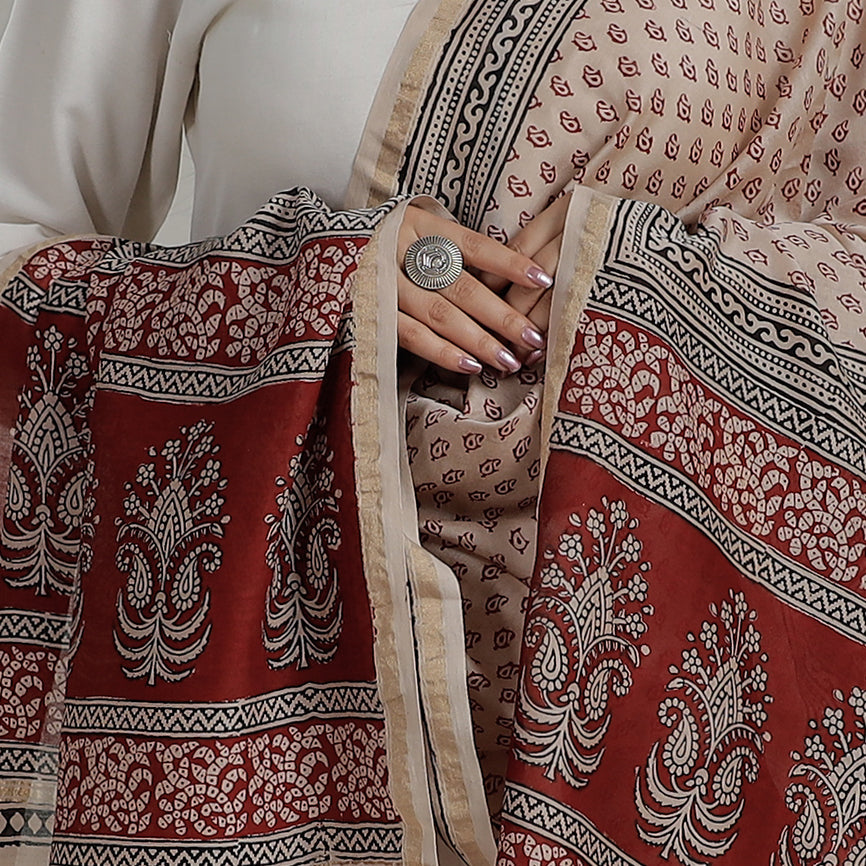 Beige - Natural Dyed Hand Block Print Chanderi Silk Bagh Dupatta 14