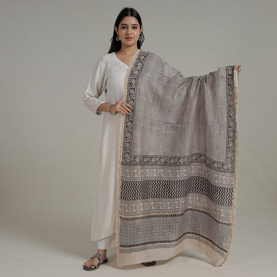 Beige - Natural Dyed Hand Block Print Chanderi Silk Bagh Dupatta 15