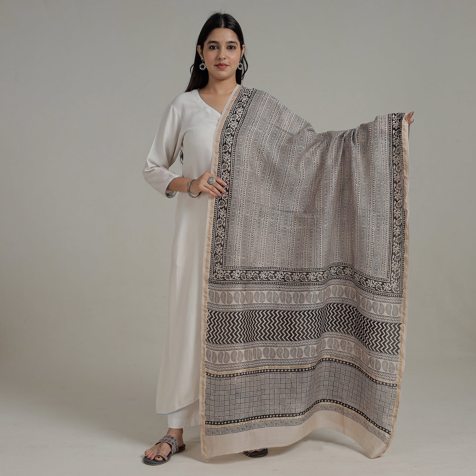 Beige - Natural Dyed Hand Block Print Chanderi Silk Bagh Dupatta 15