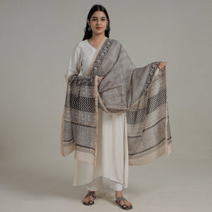 Beige - Natural Dyed Hand Block Print Chanderi Silk Bagh Dupatta 15