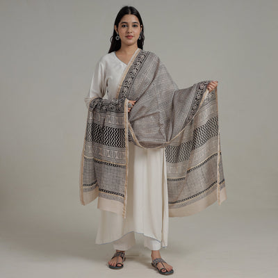 Beige - Natural Dyed Hand Block Print Chanderi Silk Bagh Dupatta 15
