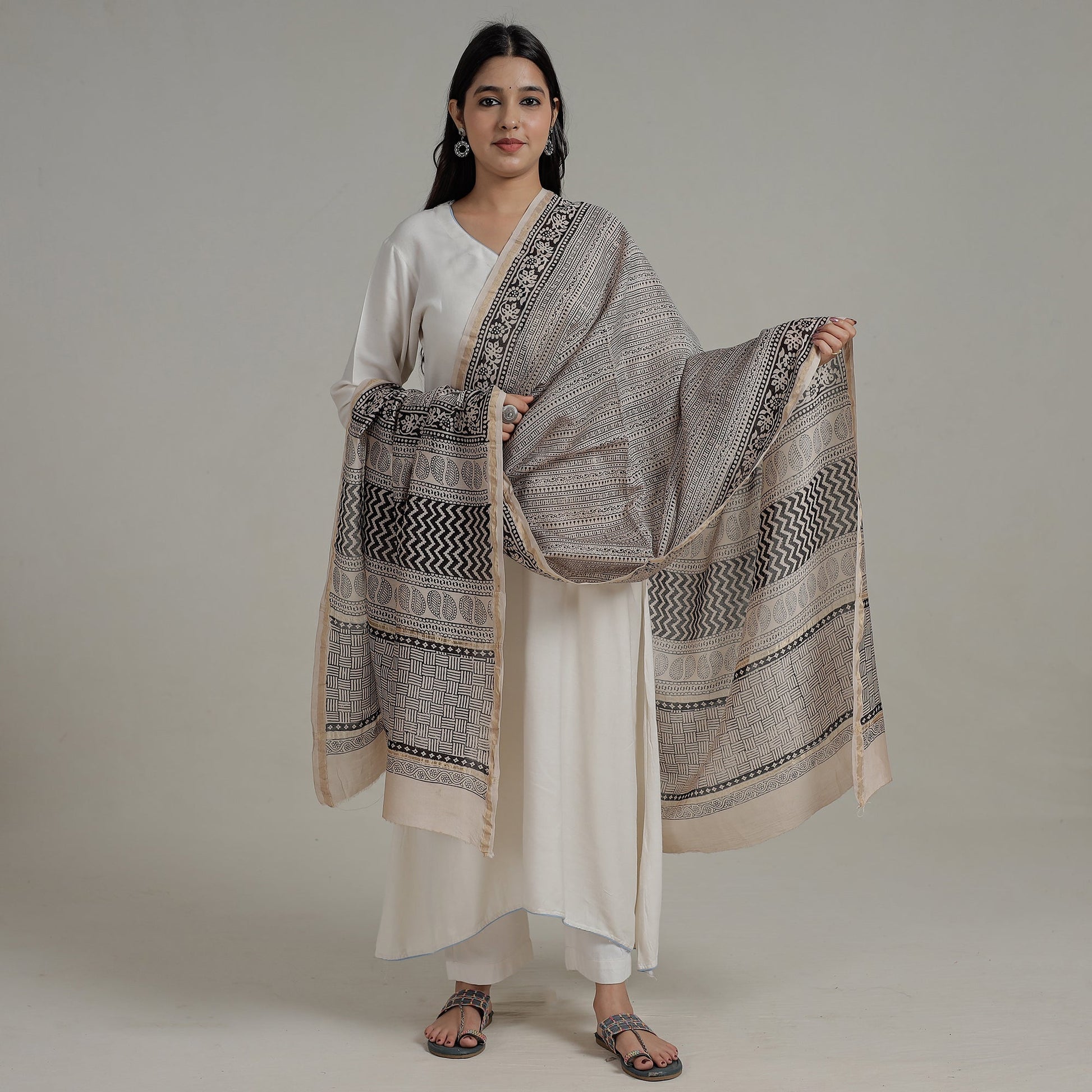 Beige - Natural Dyed Hand Block Print Chanderi Silk Bagh Dupatta 15