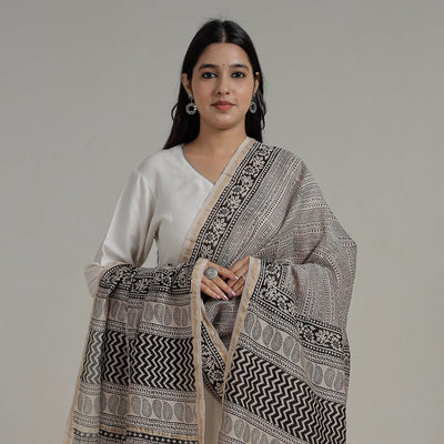 Beige - Natural Dyed Hand Block Print Chanderi Silk Bagh Dupatta 15