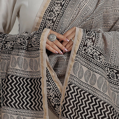 Beige - Natural Dyed Hand Block Print Chanderi Silk Bagh Dupatta 15