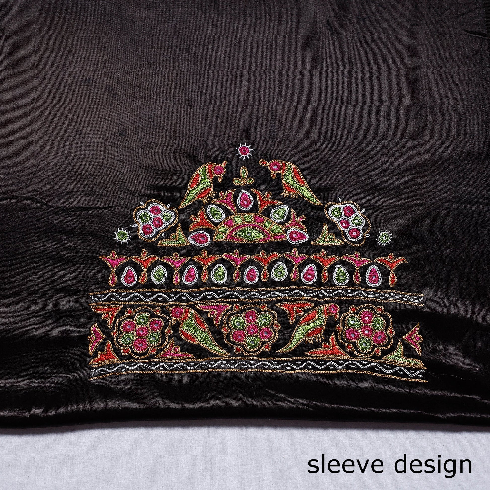 Black - Kutch Hand Embroidery Mashru Silk Blouse Piece