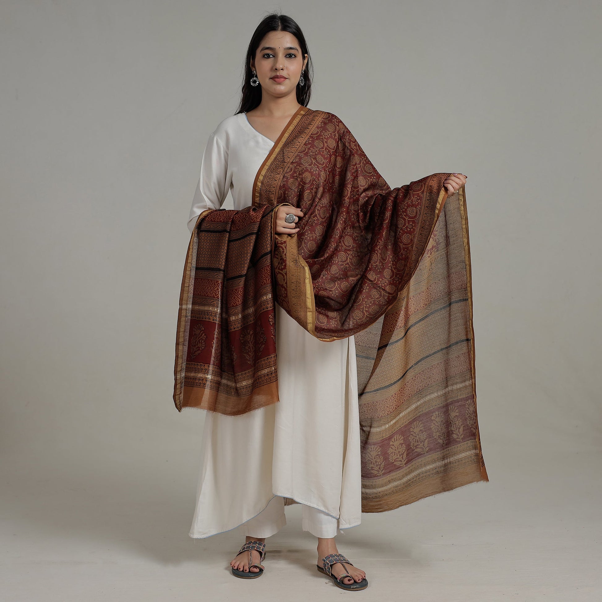Brown - Natural Dyed Hand Block Print Chanderi Silk Bagh Dupatta 20
