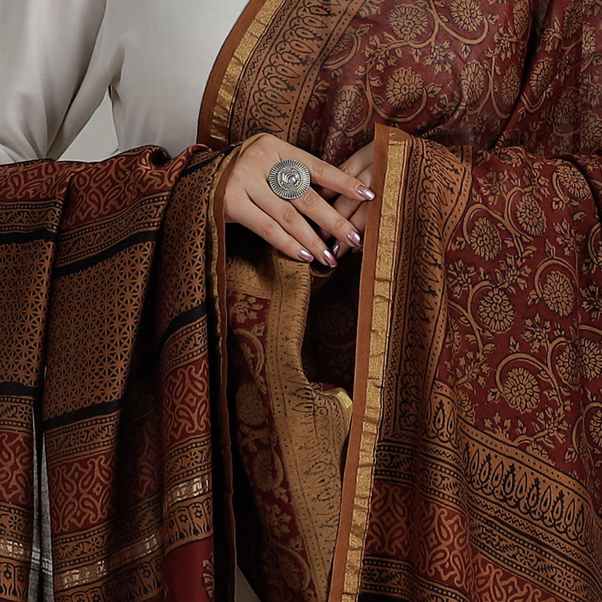 Brown - Natural Dyed Hand Block Print Chanderi Silk Bagh Dupatta 20