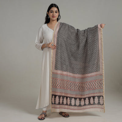 Black - Natural Dyed Hand Block Print Chanderi Silk Bagh Dupatta 25