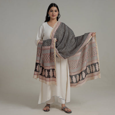 Black - Natural Dyed Hand Block Print Chanderi Silk Bagh Dupatta 25