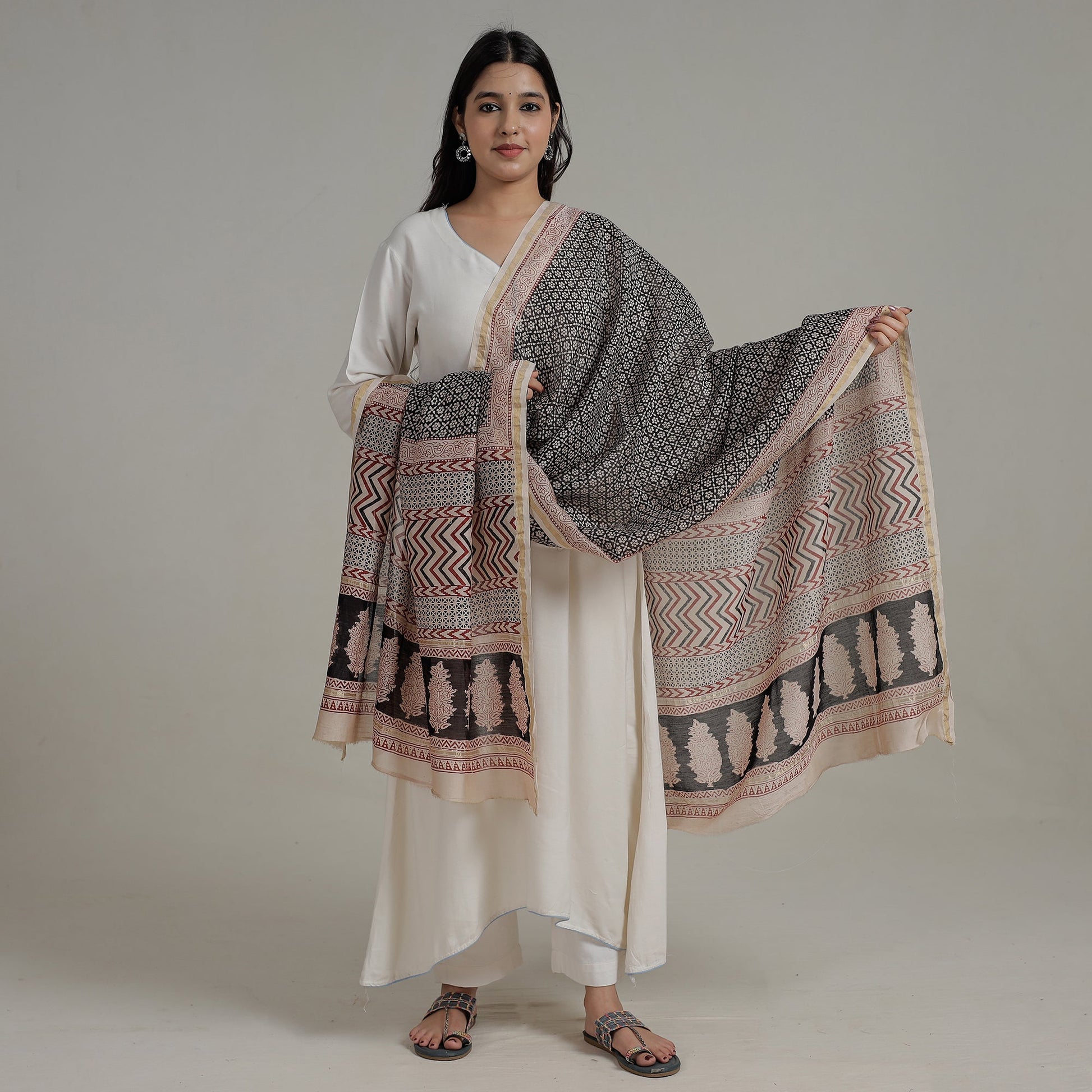 Black - Natural Dyed Hand Block Print Chanderi Silk Bagh Dupatta 25
