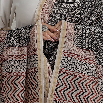 Black - Natural Dyed Hand Block Print Chanderi Silk Bagh Dupatta 25
