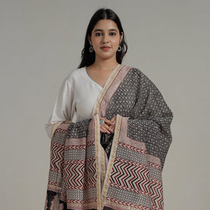 Black - Natural Dyed Hand Block Print Chanderi Silk Bagh Dupatta 25