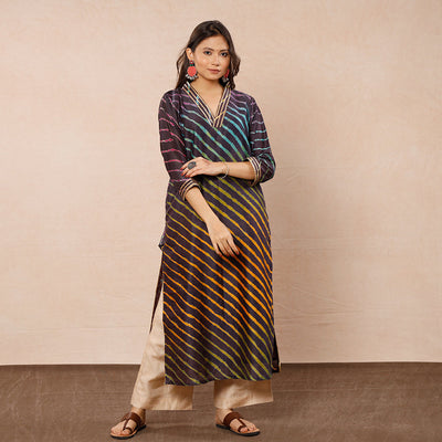 Brown - Leheriya Tie-Dye Chanderi Silk Long Kurta