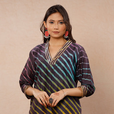 Brown - Leheriya Tie-Dye Chanderi Silk Long Kurta