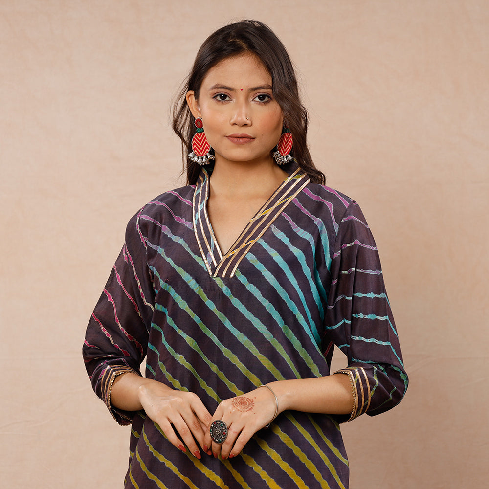 Brown - Leheriya Tie-Dye Chanderi Silk Long Kurta