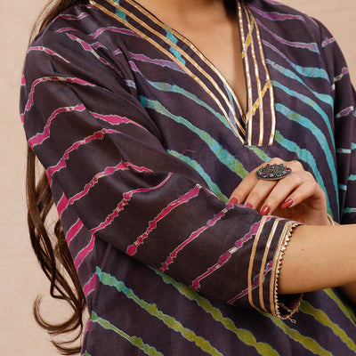 Brown - Leheriya Tie-Dye Chanderi Silk Long Kurta
