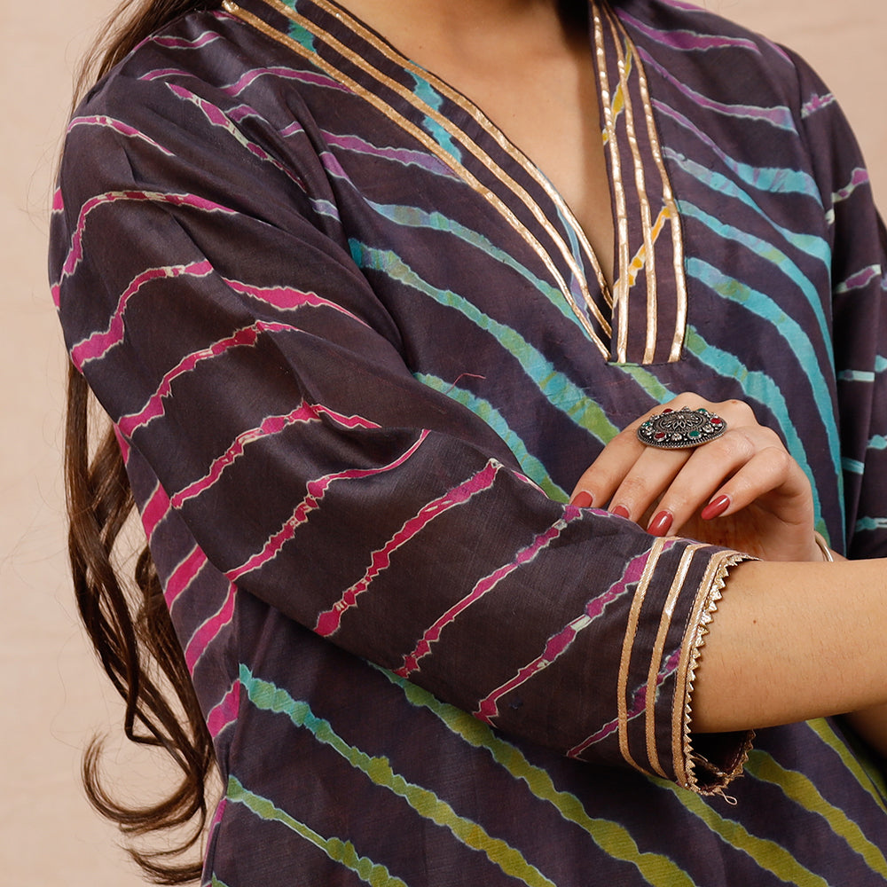 Brown - Leheriya Tie-Dye Chanderi Silk Long Kurta