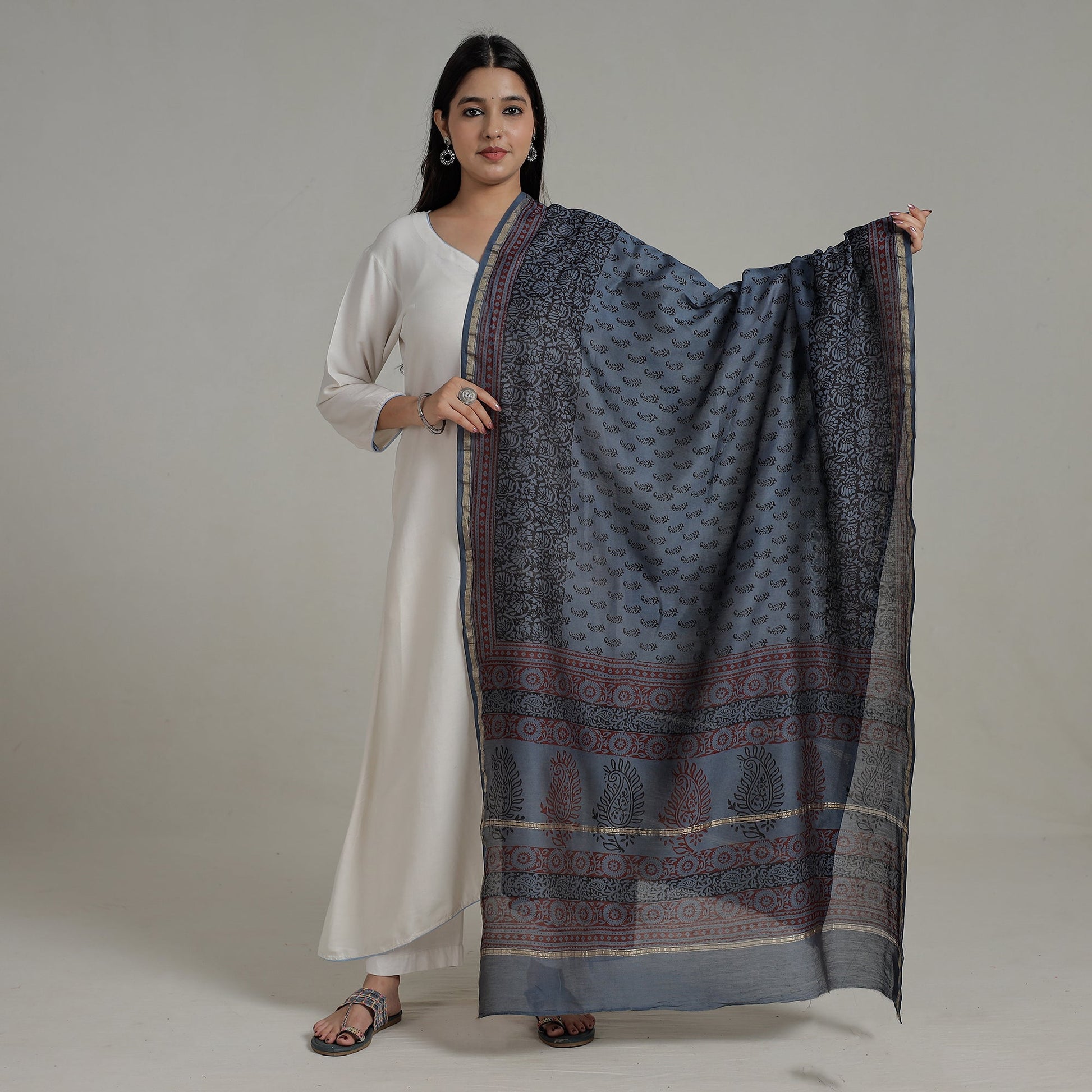 Blue - Block Printed Chanderi Silk Bagh Dupatta 35